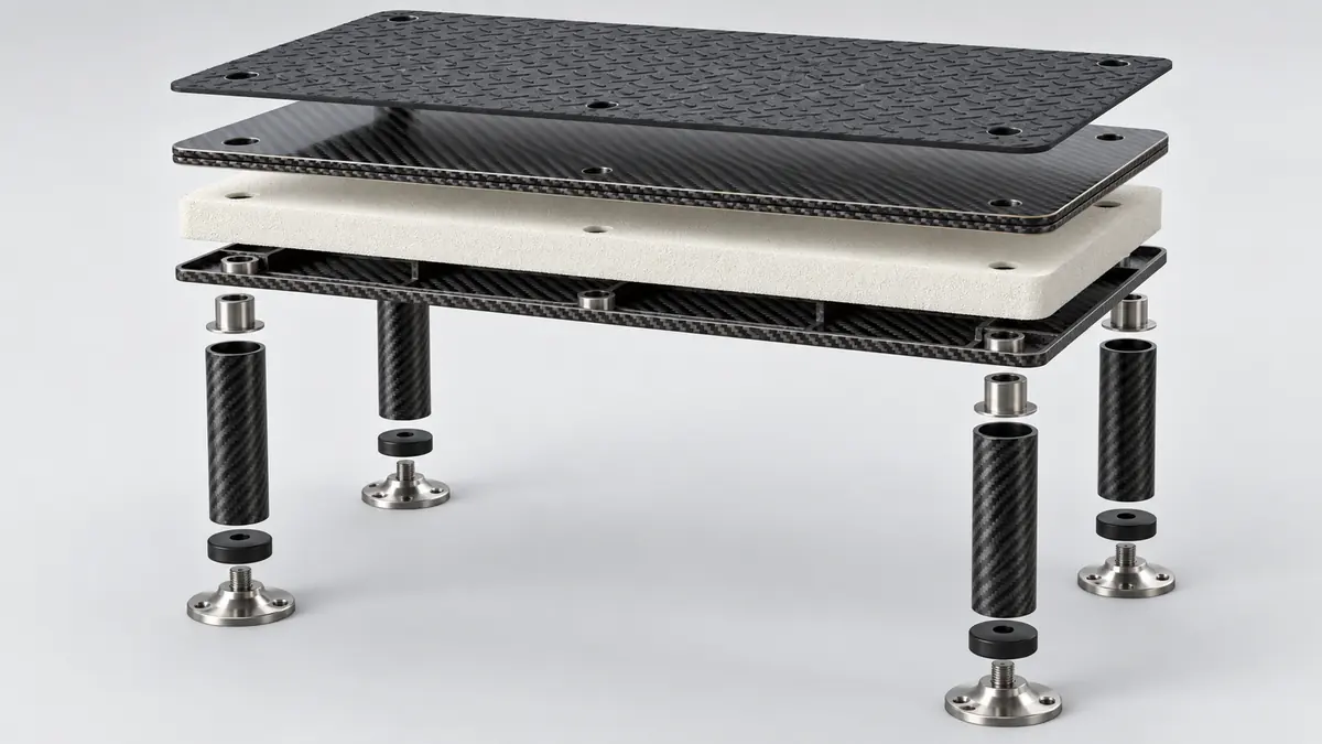 Exploded carbon sandwich platform with structural core legs inserts and isolated hardware