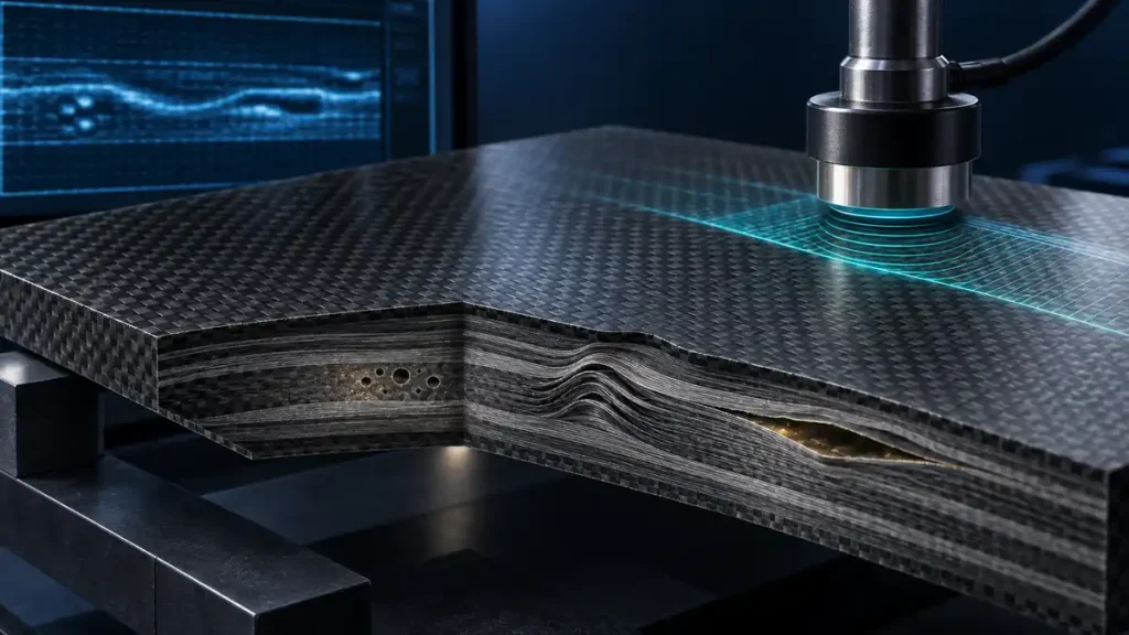 Carbon fiber defects including voids wrinkles and delamination detected during ultrasonic inspection