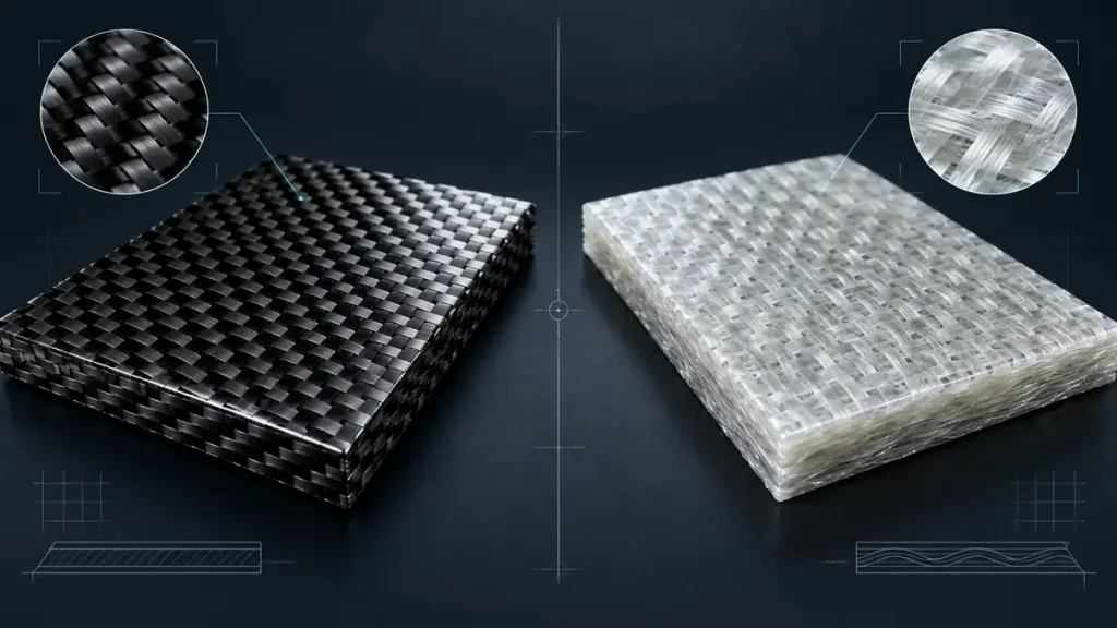 Carbon fiber and fiberglass composite laminate samples shown side by side