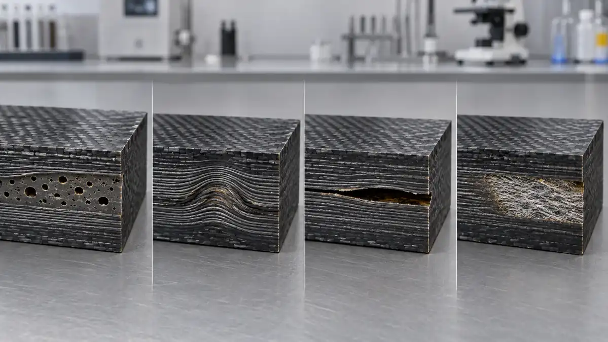 Common carbon fiber defects including void porosity fiber wrinkle delamination and dry fiber