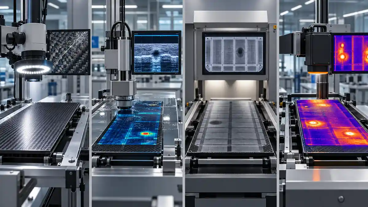Visual ultrasonic radiographic and thermographic inspection methods for carbon fiber parts