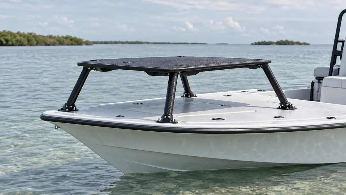 Wide stance casting platform mounted on the bow of a flats boat
