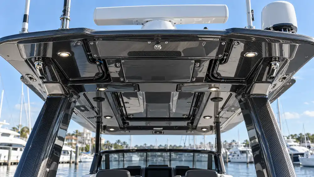 Boat hardtop underside with integrated radar lighting and cable routing