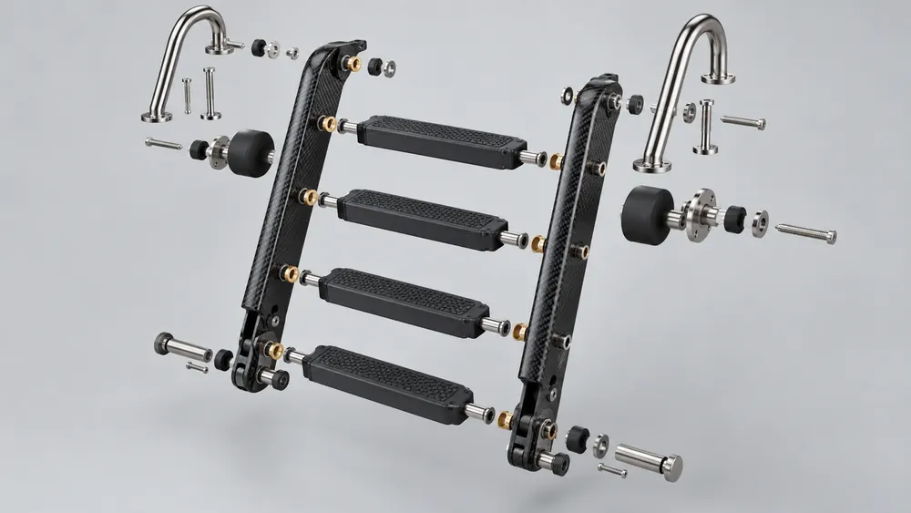 Carbon Fiber Boat Ladder components including rails rungs inserts and isolated fittings