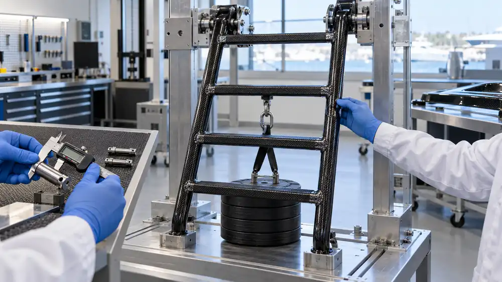 Carbon Fiber Boat Ladder undergoing dimensional inspection and proof-load testing