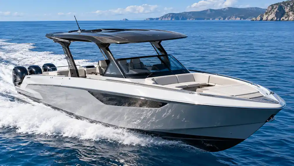 Carbon fiber boat hardtop installed on a modern offshore motorboat