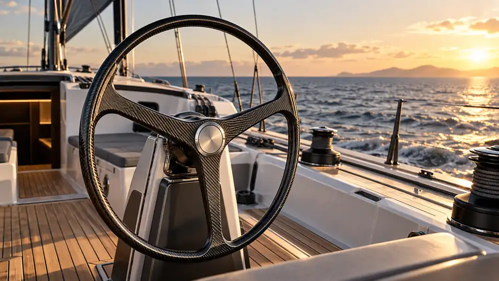 Carbon Fiber Boat Steering Wheel installed at a sailing yacht helm