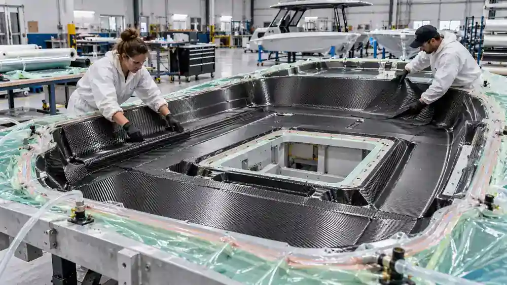 Technicians laying prepreg carbon fiber into a boat hardtop mold