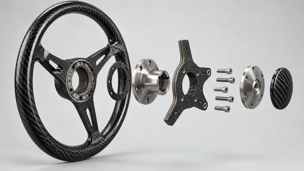Carbon Fiber Boat Steering Wheel exploded hub and interface components